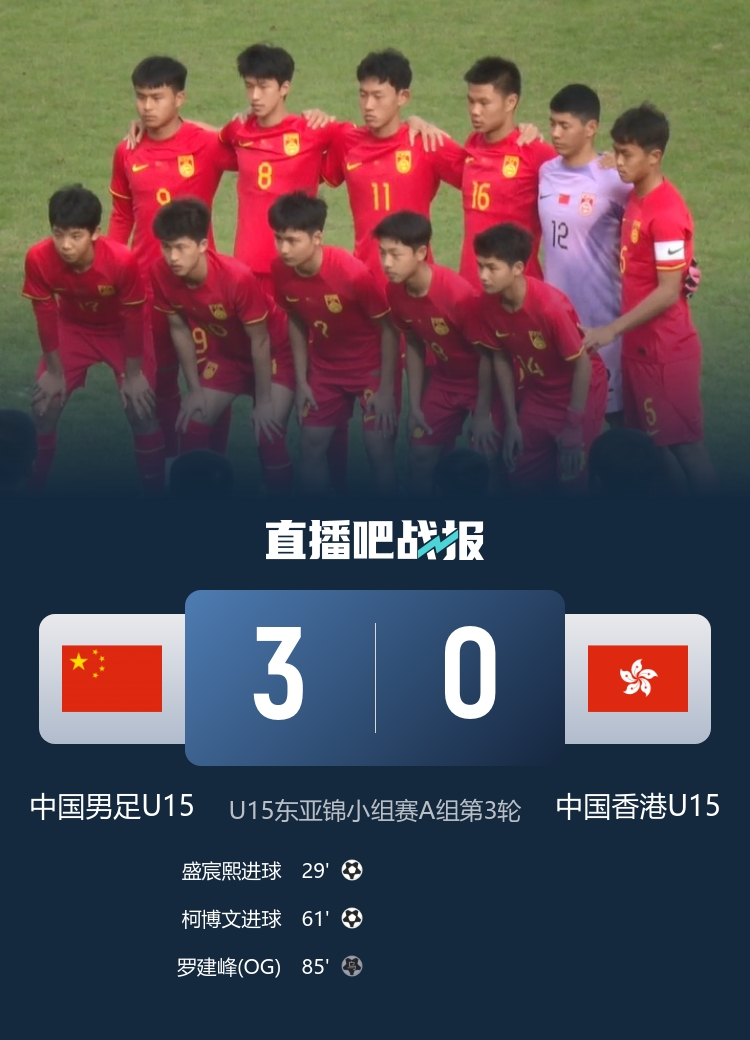 U15東亞杯中國3-0香港首勝 盛宸熙傳射列小組第三