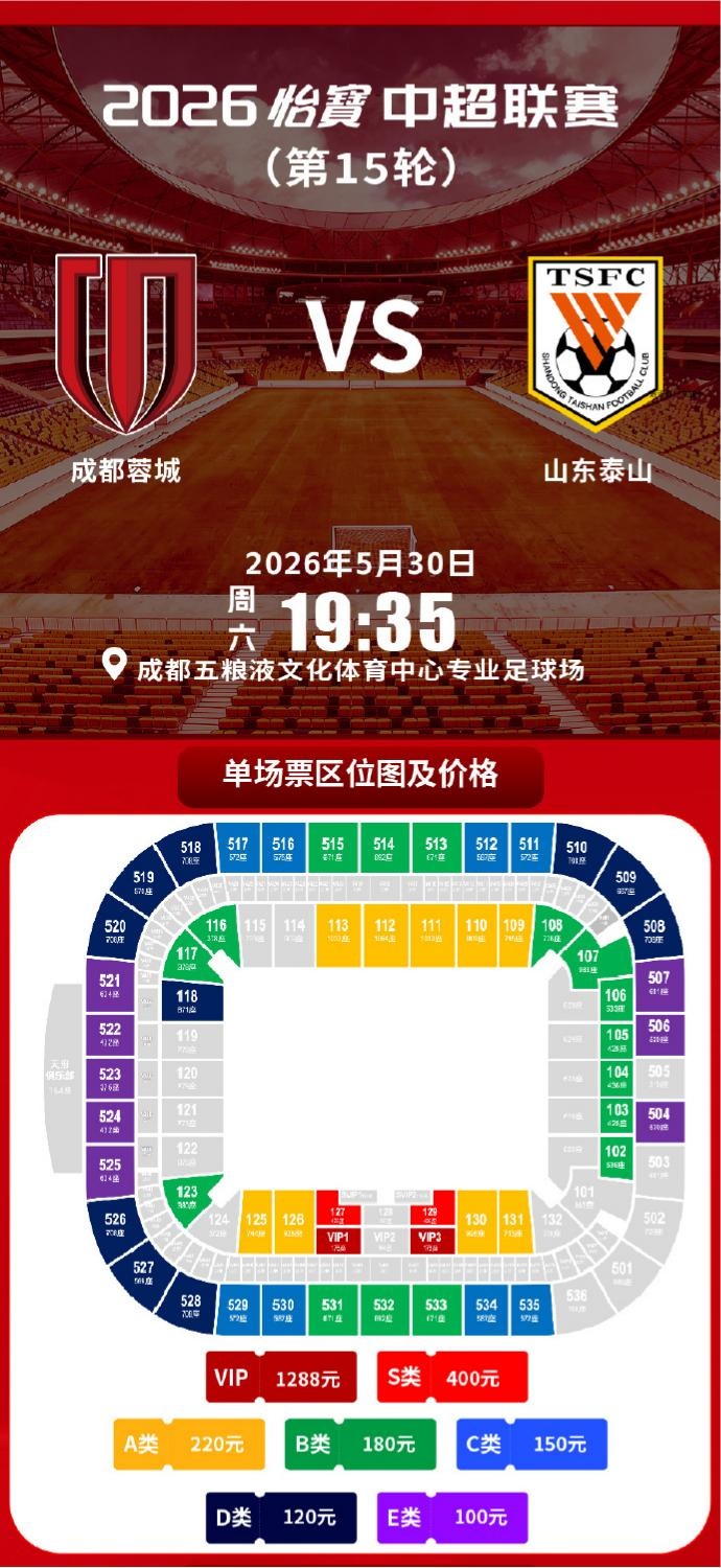 成都蓉城vs山東泰山球票今日14:00線上開售 限時搶購