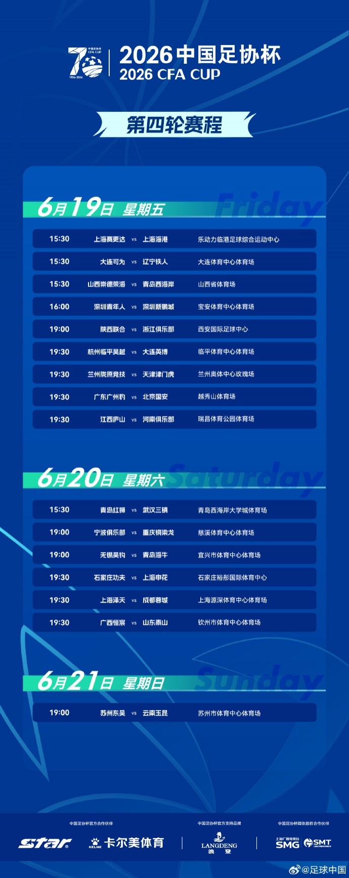 足協(xié)杯第4輪賽程出爐 16支中超隊6月19-21日全面出擊