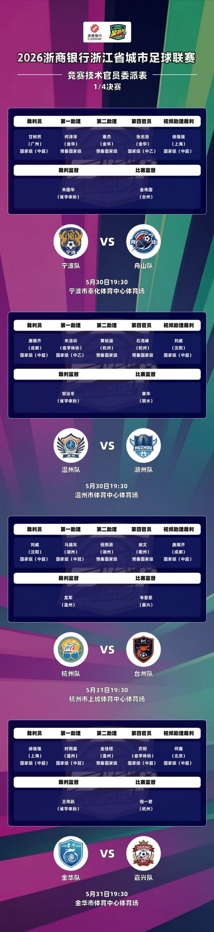 吳越杯四分之一決賽外省中超裁判全覆蓋，唐順齊、甘樹然分別執(zhí)法